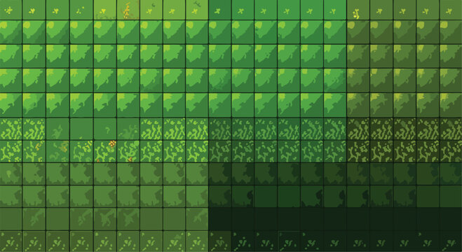 Pixel art green grass tileset for game design, retro 8-bit nature environment textures, emerald forest landscape blocks for video game development