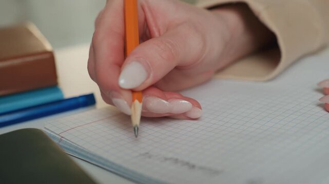 Closeup female hand writing grammar notes on grid notebook with pencil and pens, cozy desk setting, focused tutor coaching student during home study session, neat nails and gentle lighting conveying
