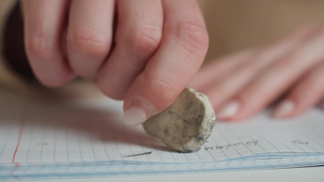 Focused woman erasing notebook answers. Tense study environment as woman clears answers with kneaded eraser. Close up of female hand cleaning exam responses during highpressure coaching activity