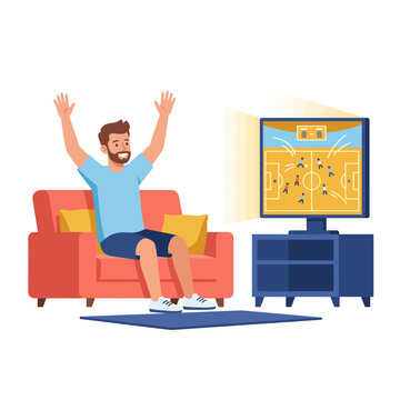 Cheering Man Watching Television On Couch At Home.