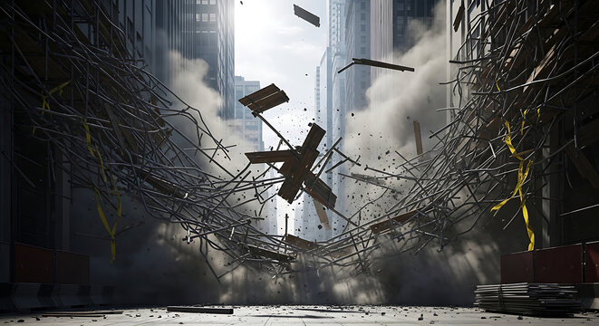 Massive scaffolding accident and structural collapse in an urban construction site with falling debris dust and twisted metal pipes between city skyscrapers