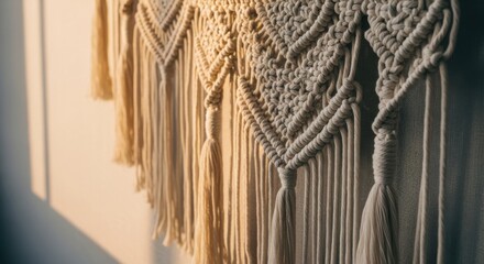 Obraz premium Intricate woven macrame wall hanging with neutral threads and tassels creating a boho-inspired decor piece