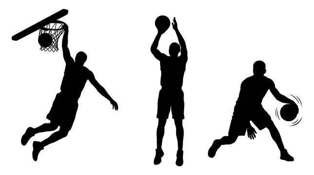 Basketball Player Silhouettes Dunking Shooting and Dribbling on White Background
