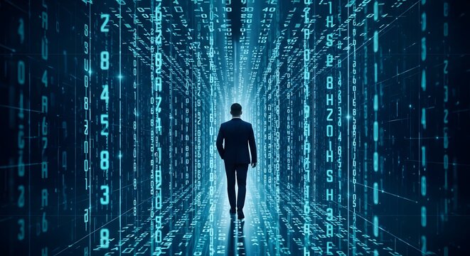 Businessman walks forward through a digital tunnel composed of infinite streaming binary code data.