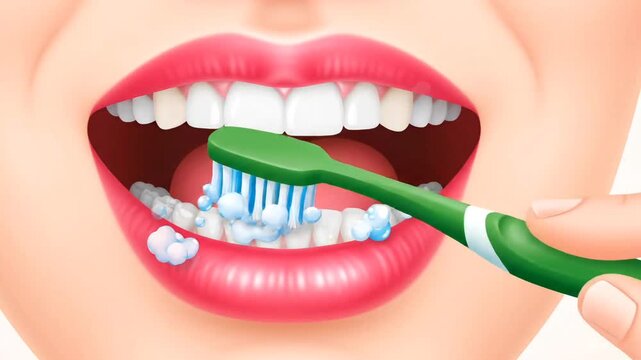 Open human mouth with toothbrush and toothpaste foam in clean vector animation, representing dental hygiene and oral care education