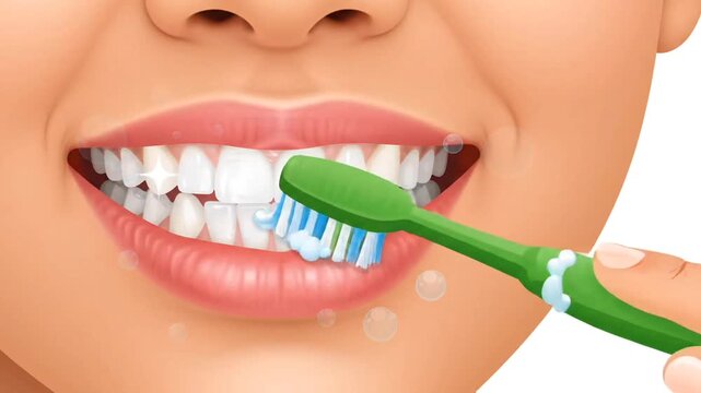 Close-up mouth animation with side brushing toothbrush and gentle bubble movement, smooth vector render for dental education graphics