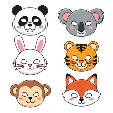Cute Colorful Animal Masks Collection for Kids with Cartoon Face Costume Templates