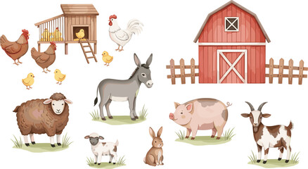 Cute Cartoon Farm Animals Clipart Set with Red Barn, Chicken Coop, Donkey, Sheep, Pig, Goat, and Rabbit for Kids Education and Livestock Graphic Designs © Remi