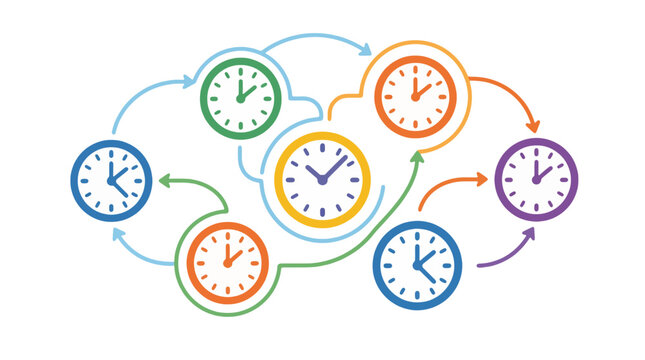 An illustration of several colorful clocks connected by arrows in a cyclical pattern, symbolizing time management and workflow.