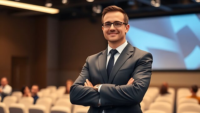 Confident business presenter in a suit standing against a conference room backdrop with stage lighting.