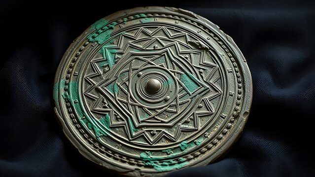 An ancient bronze disc with engraved geometric patterns and green oxidation on dark fabric.