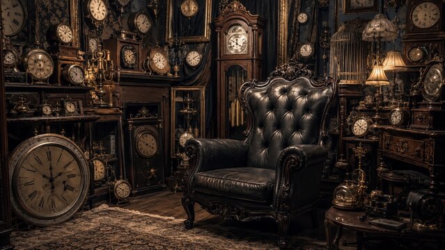 Victorian armchair surrounded by antique clocks in a vintage timekeeper room