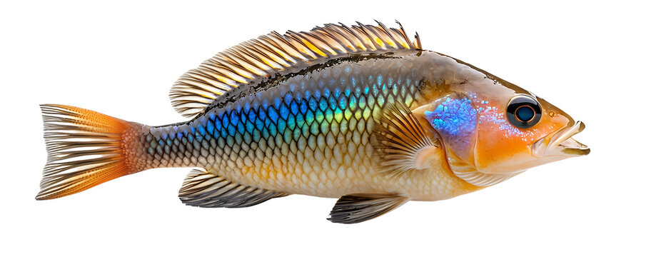 Iridescent Tropical Fish with Orange and Blue Scales on Black Background