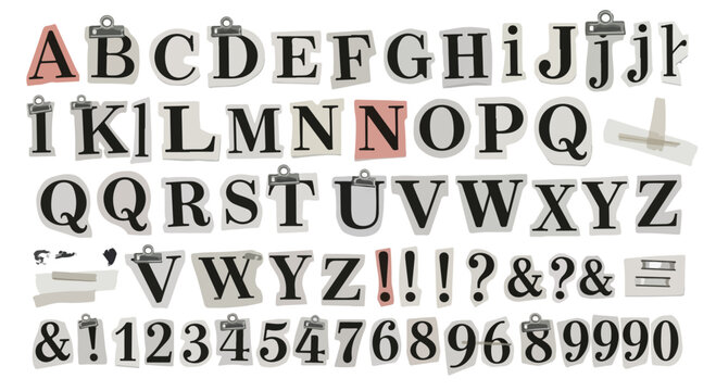 Ransom note alphabet vector set, vintage newspaper cutout letters and numbers, black and red paper scrap typography for collage design