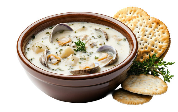 Bowl of creamy clam chowder with herbs and potatoes in rich soup presentation Isolated on transparent background PNG