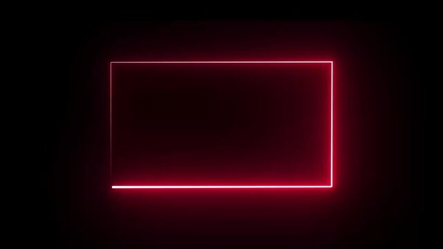 Blue neon light is moving around black rectangle frame on dark background. Seamless border cycling glow animation