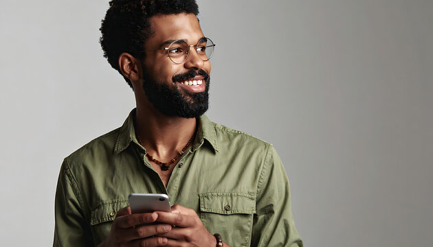 Smiling man with glasses holding a smartphone, looking to the side with a thoughtful expression, modern casual style