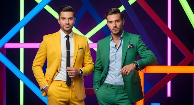 Dapper duo in vivid yellow and green suits striking a confident pose against a dynamic neon light background, showcasing contemporary style and charisma