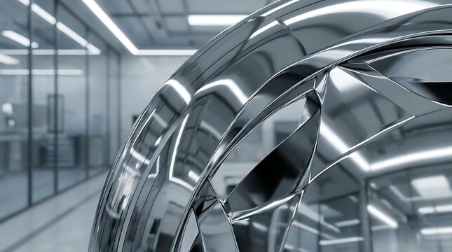 Abstract chrome metallic structure with reflective surfaces and geometric facets in a modern high-tech office environment, showcasing sleek design and futuristic aesthetics