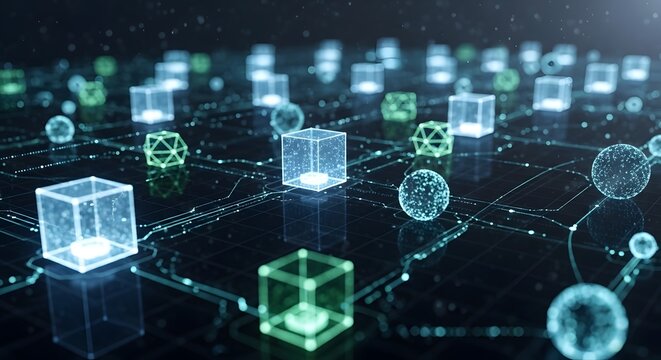 Abstract digital network connection with glowing blue cubes and spheres representing data transfer and technology infrastructure in a futuristic virtual space for global communication and cloud comput