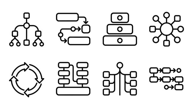 Set of flowchart icons, process diagrams, and organizational charts in modern outline style
