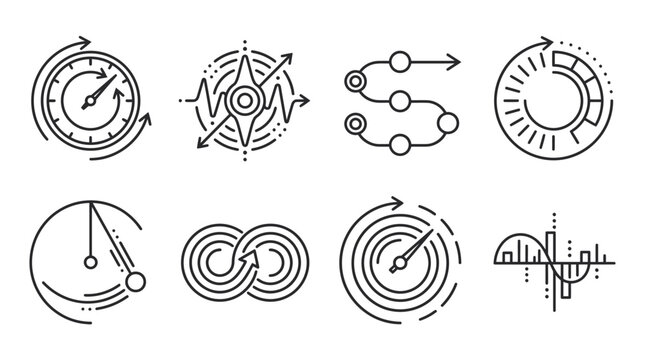 Set of Abstract Icons: Speedometer, Compass, Timeline, Infinity, Pendulum, Chart