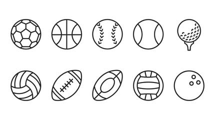 Fototapeta premium Collection of Sport Balls Icons: Soccer, Basketball, Baseball, Tennis, Golf, Volleyball, Rugby, American Football, Water Polo, Bowling