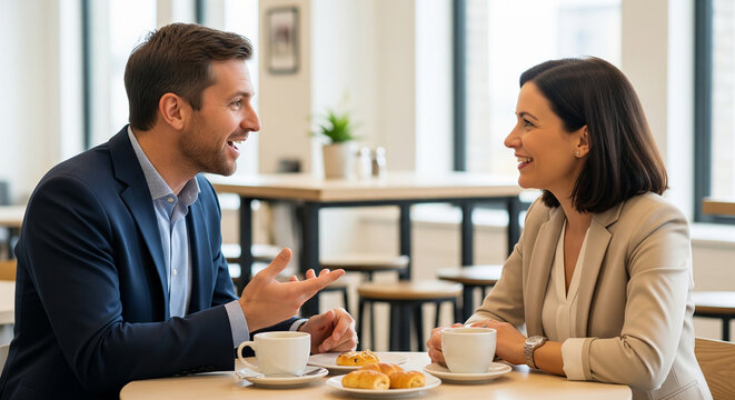 Confident business partners collaborating in a bright modern cafe setting, perfect for professional networking concepts