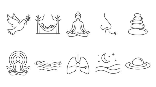 Mindfulness icons set: meditation, yoga, breathing, relaxation, peace, nature, sleep