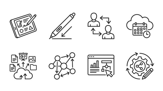 Digital Design & Business Process Icons: Tablet, Pen, Collaboration, Cloud, Data, Workflow