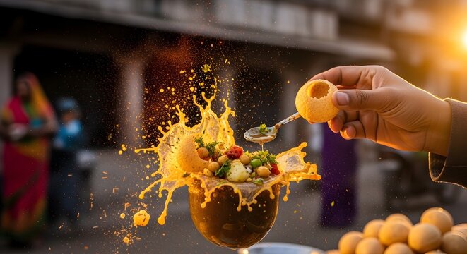 Person holding a spoon pouring spicy flavored water into a crispy fried golgappa snack with an explosive splash of liquid