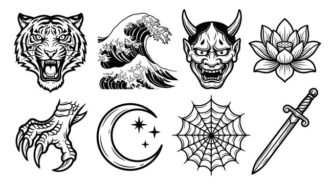 Japanese Tattoo Style Icons: Tiger, Wave, Oni Mask, Lotus, Claw, Moon, Spiderweb, Sword