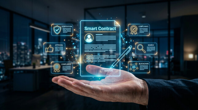 Holographic smart contract above hand, digital signature technology, blockchain security, paperless workflow, legal tech innovation, secure transactions, business automation, trust and compliance