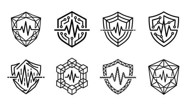 Cybersecurity Shield Icons: Digital Pulse, Circuitry, and Geometric Security Symbols