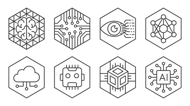 AI and Technology Icons: Brain, Circuit, Eye, Network, Cloud, Chip, Cube, AI Symbol