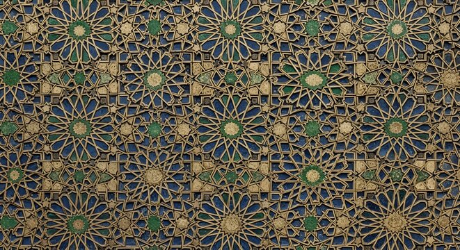 Seamless geometric pattern with islamic star motifs in silver and olive green colors