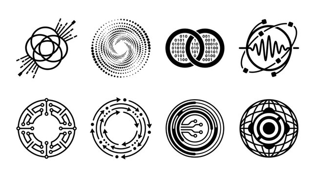 Abstract Technology Icons: Digital Circles, Circuits, Binary Code, Data Flow, Network