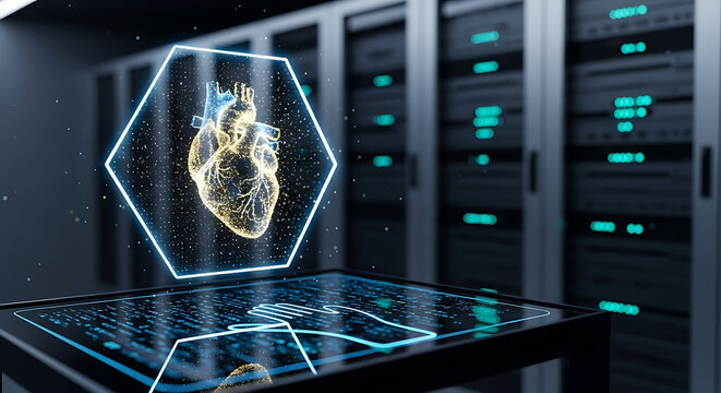 HIPAA medical privacy and patient data security rule concept featuring a digital heart hologram in a secure server room for healthcare technology