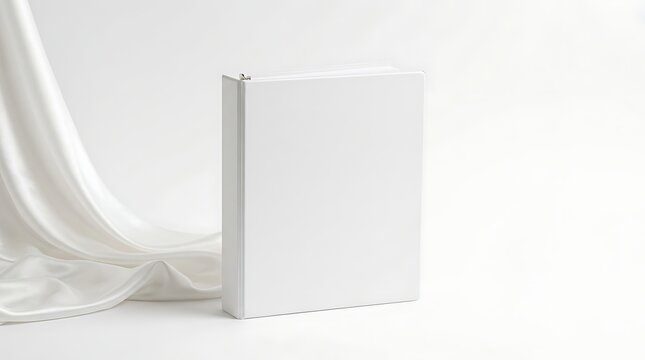 Blank office ring binder mockup with clean white cover and flowing fabric drape for professional stationery presentation