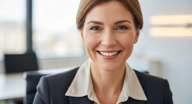 Professional headshot of a smiling female executive in a sunlit office room, perfect for approachable corporate concepts