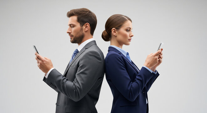 Modern businessman and businesswoman standing back to back focused on their mobile phones, perfect for connection concepts