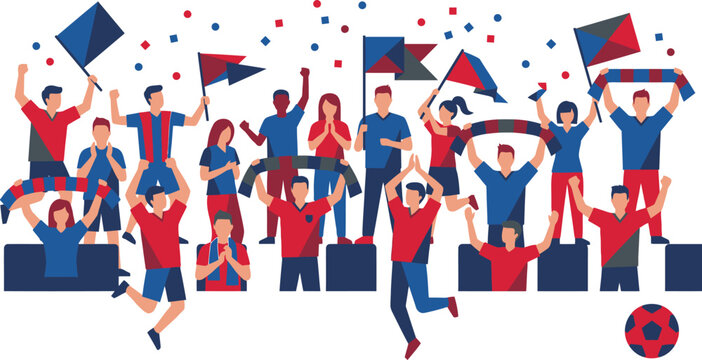 Group of people celebrating with flags and banners in red blue colors
