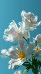 Fototapeta premium Serene blossoms: a tranquil symphony of spring in blue. Cinematic poster. Vibrant spring blossoms with dew on petals, enhanced by a breezy vibe. Epic poster. Poster illustration.