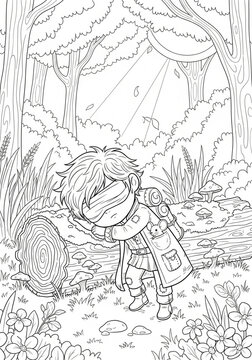 Young Cartoon Explorer Resting in Enchanted Forest Scene.