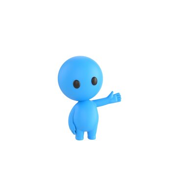 Cute 3D render Little Blue Boy character gesturing to the side, friendly and cheerful mascot style, presenting or introducing something, isolated on white background.