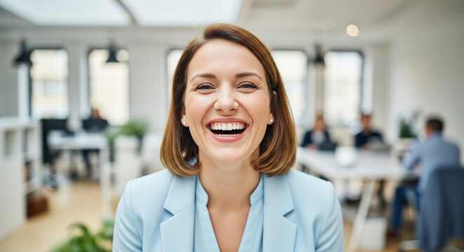 Cheerful businesswoman laughing joyfully in a busy modern office setting, perfect for positive workplace culture concepts