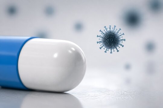 Close up antibiotic capsule with virus background for infection treatment and healthcare concept