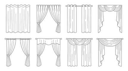 Collection of elegant curtain designs, window treatments, home decor line art © Wagiman Studio