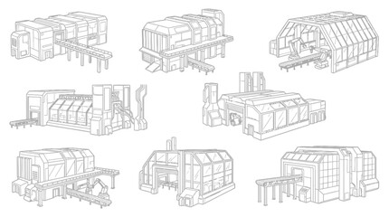 Naklejka premium Futuristic Industrial Buildings Collection: Sci-Fi Factory, Warehouse, and Manufacturing Concepts