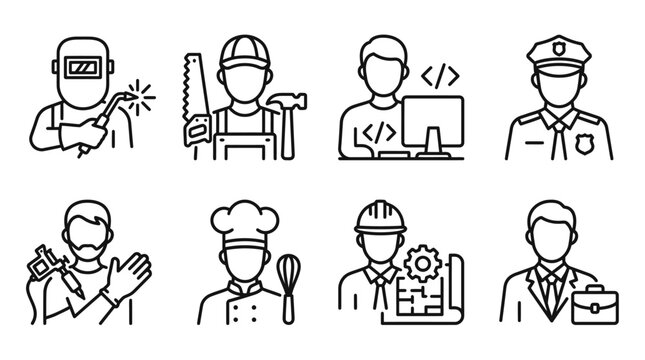 Diverse Professions Icons: Welder, Carpenter, Coder, Police, Tattoo Artist, Chef, Engineer, Businessman